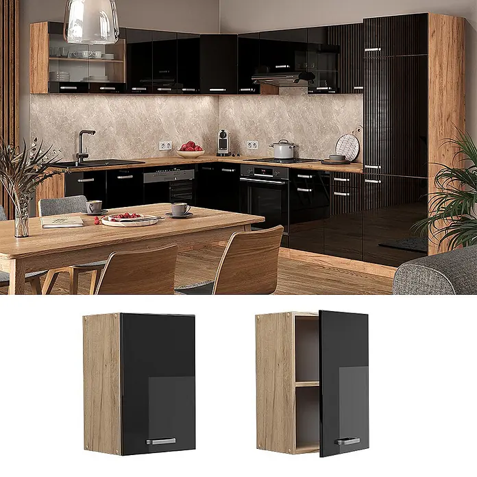 Vicco Hängeschrank R-Line, Schwarz Hochglanz, 40 cm -  - Moderne Küche mit schwarzen Hochglanz-Wandschränken und hellen Holzdetails. Einzelner Wandschrank geschlossen und offen gezeigt.