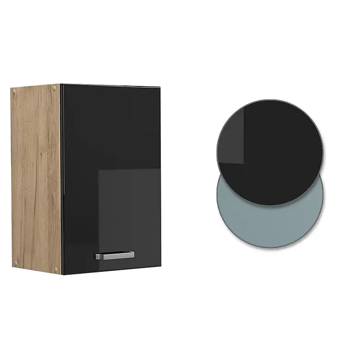 Vicco Hängeschrank R-Line, Schwarz Hochglanz, 40 cm -  - Wandschrank mit heller Holzseite und hochglänzender schwarzer Tür mit silbernem Griff.