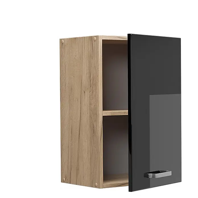 Vicco Hängeschrank R-Line, Schwarz Hochglanz, 40 cm -  - Wandschrank mit heller Holzmaserung und glänzender schwarzer Tür, mit Einlegeboden und silbernem Griff.