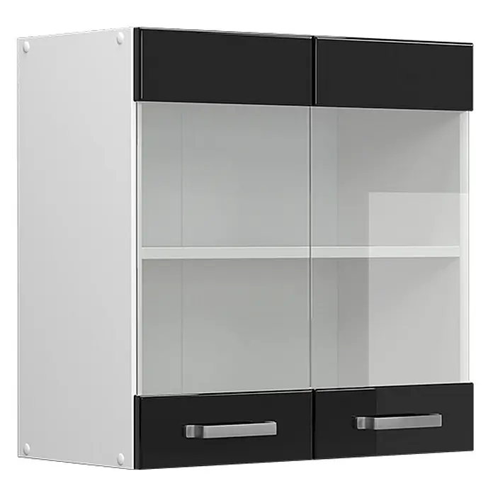 Vicco Schrankküche R-Line Schwarz Hochglanz - Schwarz Hochglanz, Hängeglasschrank 60 cm - Schwarz-weißer Hängeschrank mit Glastüren und zwei unteren Schubladen.