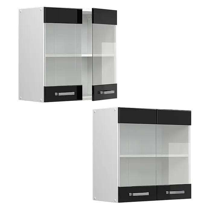Vicco Schrankküche R-Line Schwarz Hochglanz - Schwarz Hochglanz, Hängeglasschrank 60 cm - Moderner weiß-schwarzer Küchenoberschrank mit Klarglastüren, Innenböden und silbernen Griffen.