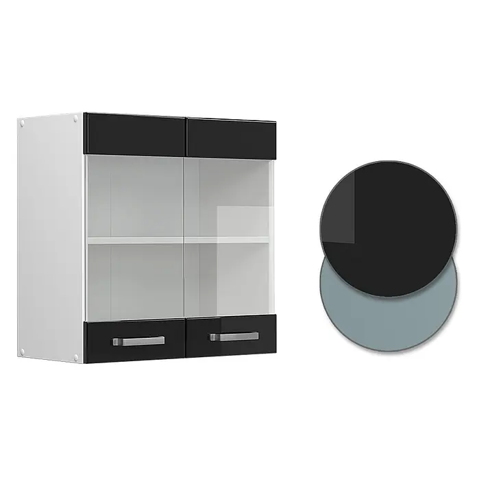 Vicco Schrankküche R-Line Schwarz Hochglanz - Schwarz Hochglanz, Hängeglasschrank 60 cm - Hängeschrank mit weißem Rahmen, schwarzen oberen und unteren Platten mit Metallgriffen, zwei Glastüren und zwei Einlegeböden.