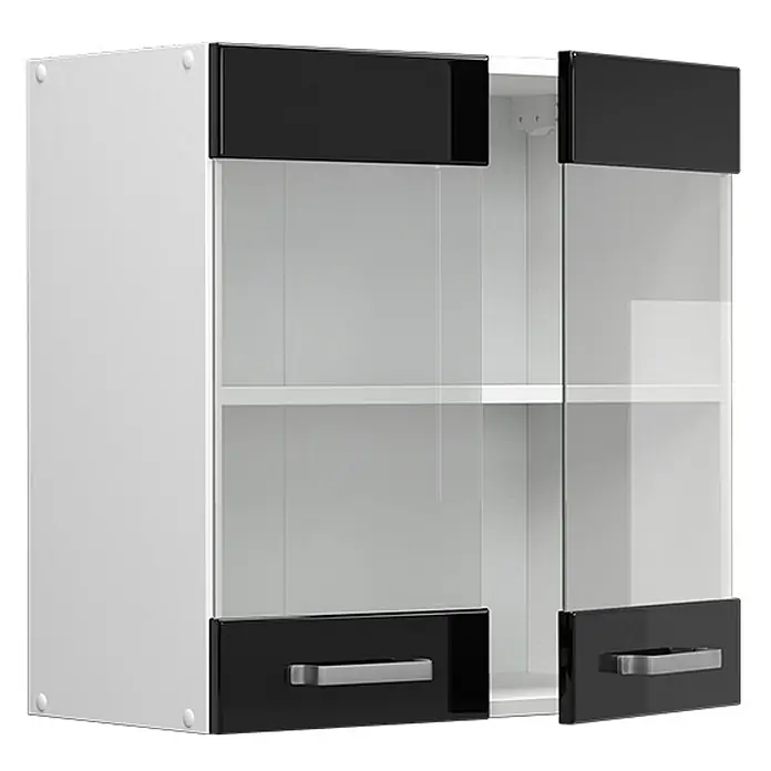 Vicco Schrankküche R-Line Schwarz Hochglanz - Schwarz Hochglanz, Hängeglasschrank 60 cm - Weißer Wandschrank mit zwei schwarzen Hochglanztüren, klaren Glasscheiben und silbernen Griffen.