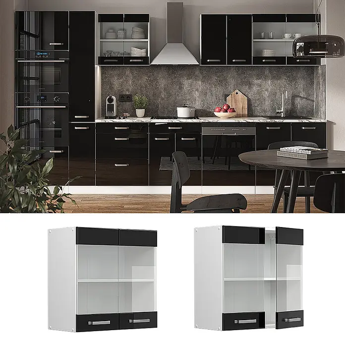 Vicco Schrankküche R-Line Schwarz Hochglanz - Schwarz Hochglanz, Hängeglasschrank 60 cm - Schwarz-weißer Küchenoberschrank mit Glastüren zur Aufbewahrung. Erhältlich als Zwei- oder Dreitürer.