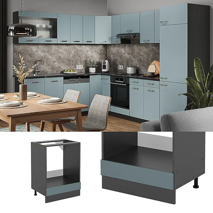 Vicco Schrankküche R-Line Blau-Grau, AP Eiche - Blau-Grau, Herdumbauschrank 60 cm, AP Eiche - Moderne modulare Küche mit hellblauen Schränken und dunkelgrauen Rahmen. Ein separates dunkelgraues Unterschrankmodul mit blauer Blende ist ebenfalls abgebildet.
