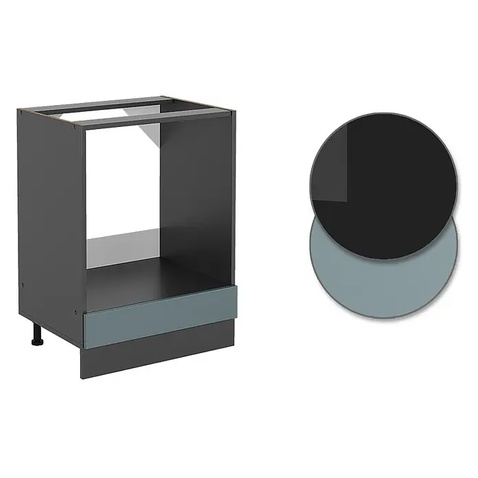 Vicco Schrankküche R-Line Blau-Grau, AP Eiche - Blau-Grau, Herdumbauschrank 60 cm, AP Eiche - Dunkelgrauer Küchenunterschrankrahmen mit hellblau-grauer Zierleiste und passenden Farbmustern.