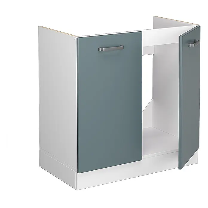 Vicco Schrankküche R-Line Blau-Grau, AP Anthrazit - Blau-Grau, Spülenunterschrank 80 cm, AP Anthrazit - Weißer Küchenunterschrank mit graublauen Türen, rechte Tür offen, für ein Spülbecken.