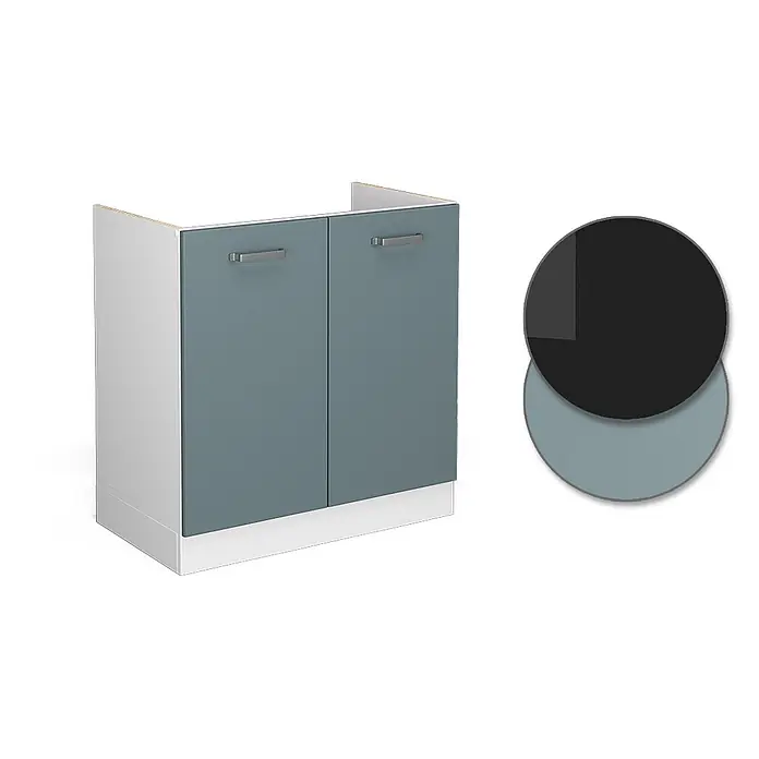 Vicco Schrankküche R-Line Blau-Grau, AP Anthrazit - Blau-Grau, Spülenunterschrank 80 cm, AP Anthrazit - Zweitüriger Schrank mit graublauen Fronten, weißen Seiten und silbernen Griffen.