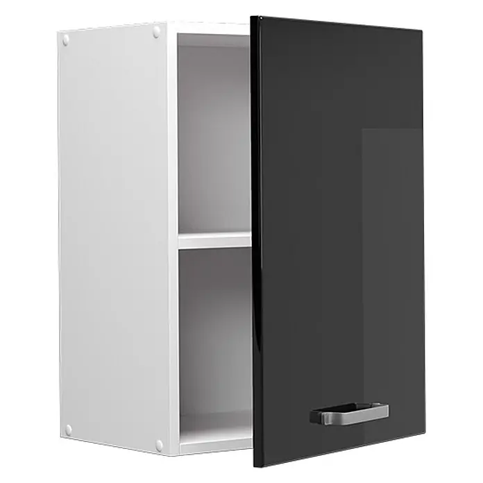 Vicco Schrankküche R-Line Schwarz Hochglanz - Schwarz Hochglanz, Hängeschrank 45 cm - Weißer Wandschrank mit offener schwarzer Hochglanztür und silbernem Griff, mit sichtbarem Innenregal.