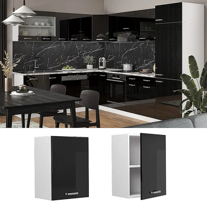 Vicco Schrankküche R-Line Schwarz Hochglanz - Schwarz Hochglanz, Hängeschrank 45 cm - Moderner Wandschrank: schwarze Hochglanztür, weißer Korpus, Regal. Geschlossen, geöffnet und in eleganter Küche gezeigt.