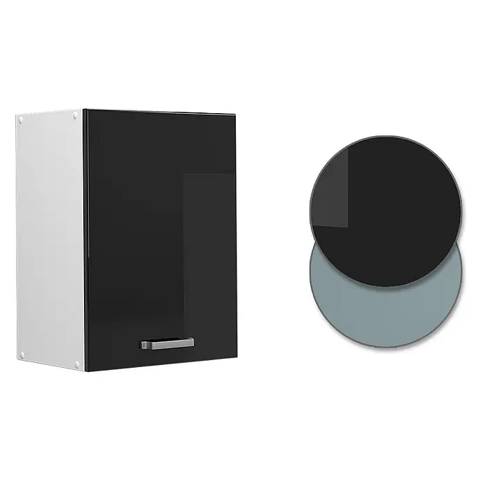 Vicco Schrankküche R-Line Schwarz Hochglanz - Schwarz Hochglanz, Hängeschrank 45 cm - Weißer Wandschrank mit hochglänzender schwarzer Tür und silbernem Griff.
