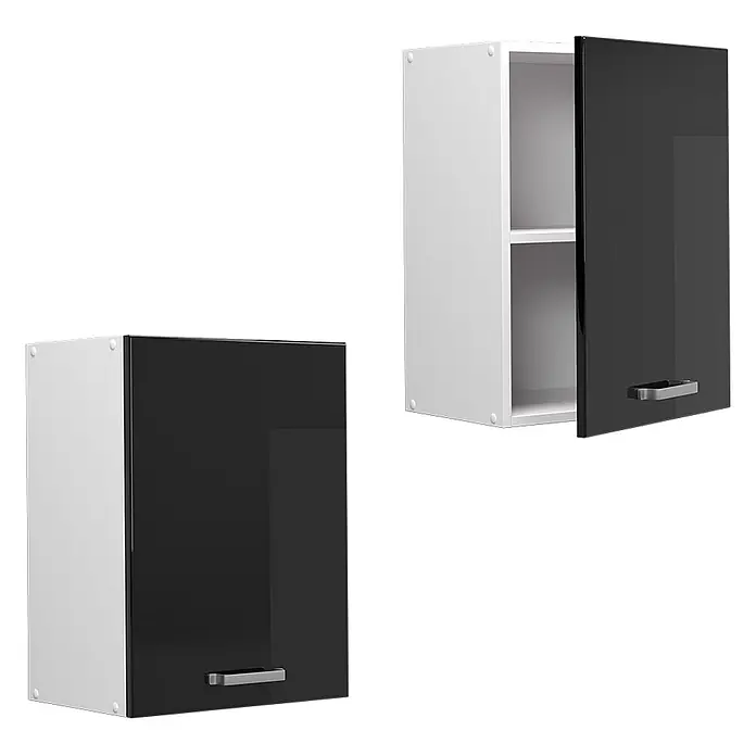 Vicco Schrankküche R-Line Schwarz Hochglanz - Schwarz Hochglanz, Hängeschrank 45 cm - Zwei weiße Küchenwandschränke mit glänzend schwarzen Türen und silbernen Griffen. Einer ist offen und zeigt ein Innenregal.