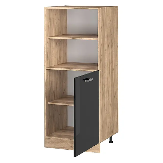 Vicco Schrankküche R-Line Schwarz Hochglanz - Schwarz Hochglanz, Backofenumbauschrank 60 cm (halb) - Hoher Schrank in heller Holzmaserung mit offenen Fächern und einer halb geöffneten schwarzen Hochglanztür mit silbernem Griff unten. Steht auf Füßen.