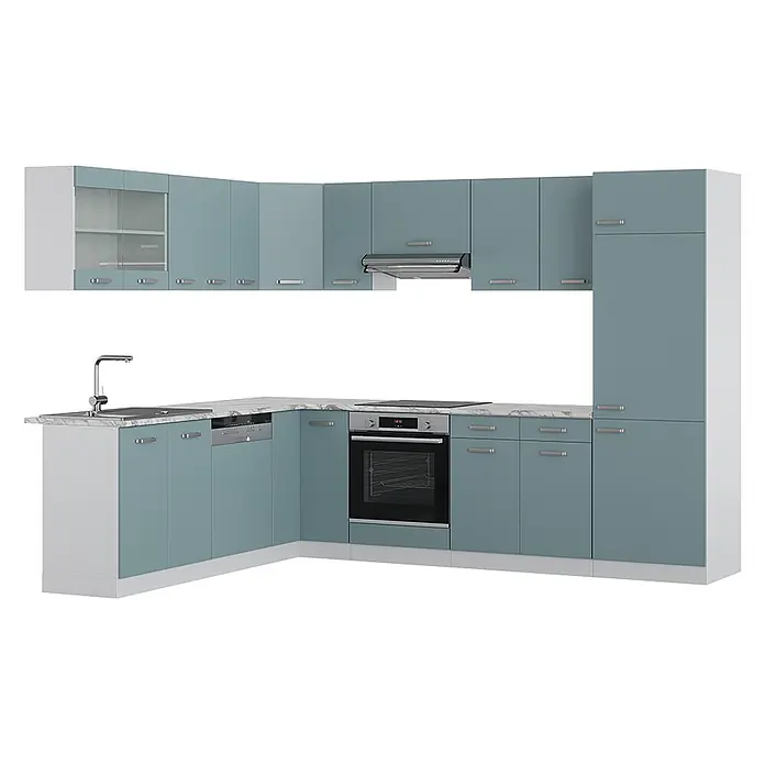 Vicco Eckküche R-Line Blau-Grau, AP Marmor - B x T: 287 x 60 cm, Blau-Grau, Ohne Elektrogeräte - L-förmige Küche mit hellblauen Schränken, weißer Marmor-Arbeitsplatte und integrierten Geräten.