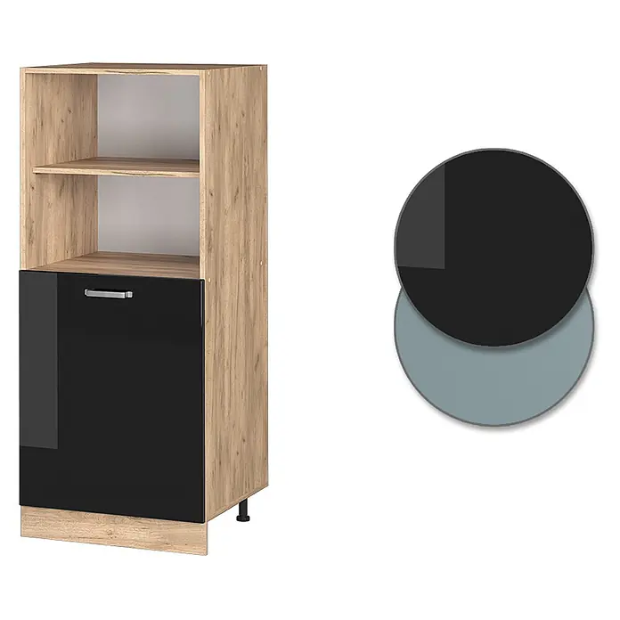 Vicco Schrankküche R-Line Schwarz Hochglanz - Schwarz Hochglanz, Backofenumbauschrank 60 cm (halb) - Hoher Schrank in heller Holzoptik mit zwei offenen Fächern und einer glänzenden schwarzen Tür.
