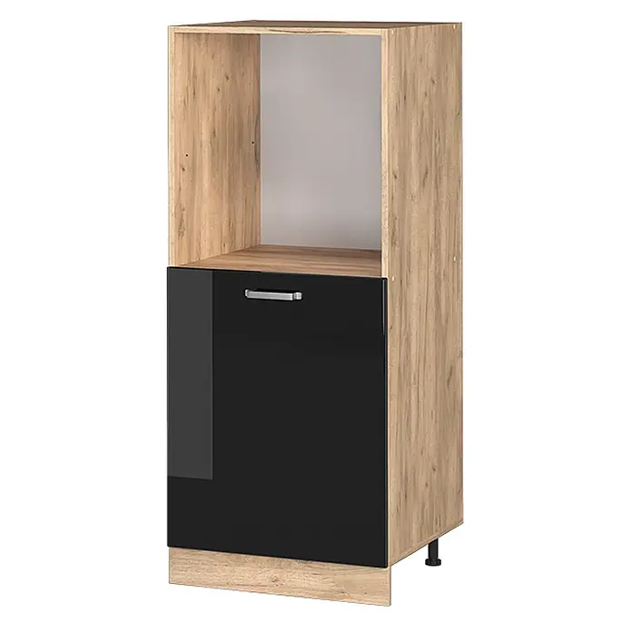 Vicco Schrankküche R-Line Schwarz Hochglanz - Schwarz Hochglanz, Backofenumbauschrank 60 cm (halb) - Hoher Küchenschrank in Holzoptik mit offenem Oberfach und glänzend schwarzer Tür mit Griff.