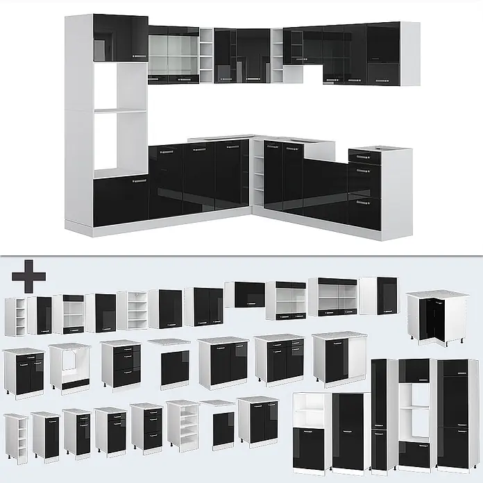 Vicco Eckküche R-Line Schwarz Hochglanz/Weiß, AP Marmor - B x T: 247 x 60 cm, Schwarz Hochglanz, Ohne Elektrogeräte - Modulares schwarz-weißes Küchenschranksystem mit verschiedenen Lagereinheiten.