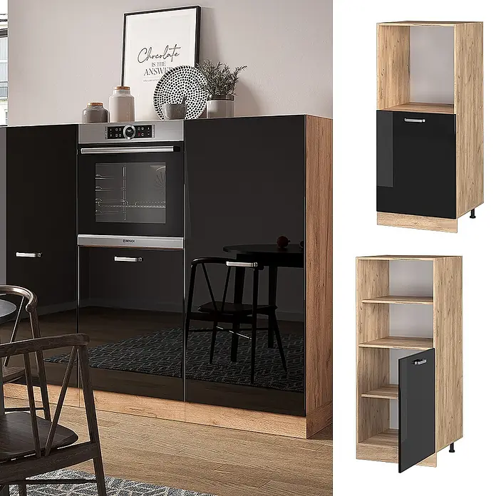 Vicco Schrankküche R-Line Schwarz Hochglanz - Schwarz Hochglanz, Backofenumbauschrank 60 cm (halb) - Hoher Küchenschrank mit schwarzen Hochglanztüren und Holzdekorrahmen, für Backofen oder als Stauraum.