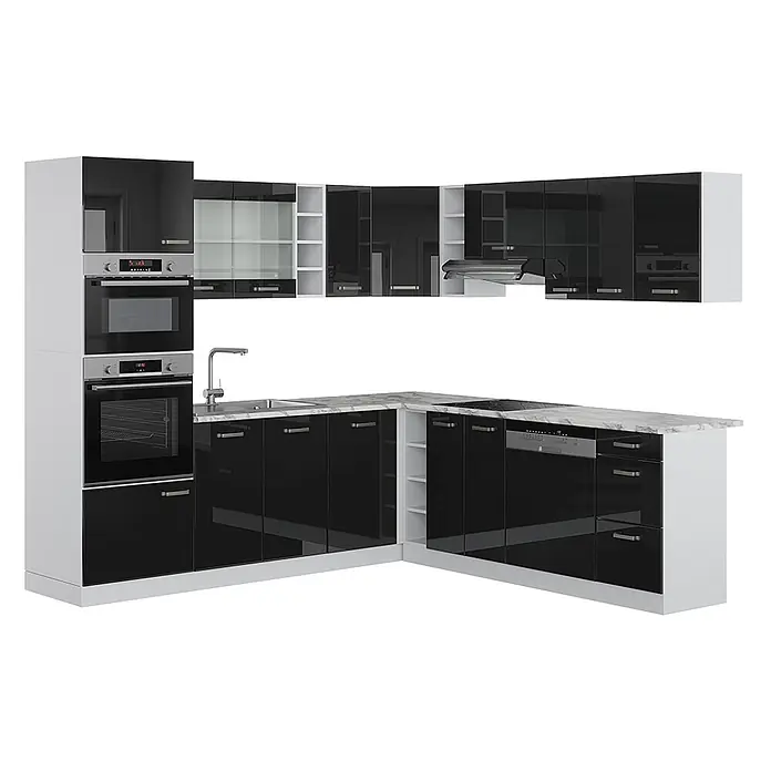 Vicco Eckküche R-Line Schwarz Hochglanz/Weiß, AP Marmor - B x T: 247 x 60 cm, Schwarz Hochglanz, Ohne Elektrogeräte - Moderne L-förmige Küchenzeile mit hochglänzenden schwarzen Schränken, weißen Rahmen, Marmor-Arbeitsplatte und integrierten Geräten.