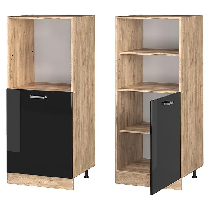 Vicco Schrankküche R-Line Schwarz Hochglanz - Schwarz Hochglanz, Backofenumbauschrank 60 cm (halb) - Heller Holzschrank mit schwarzen Hochglanztüren, mit offenen Regalfächern und geschlossenen Abteilen.