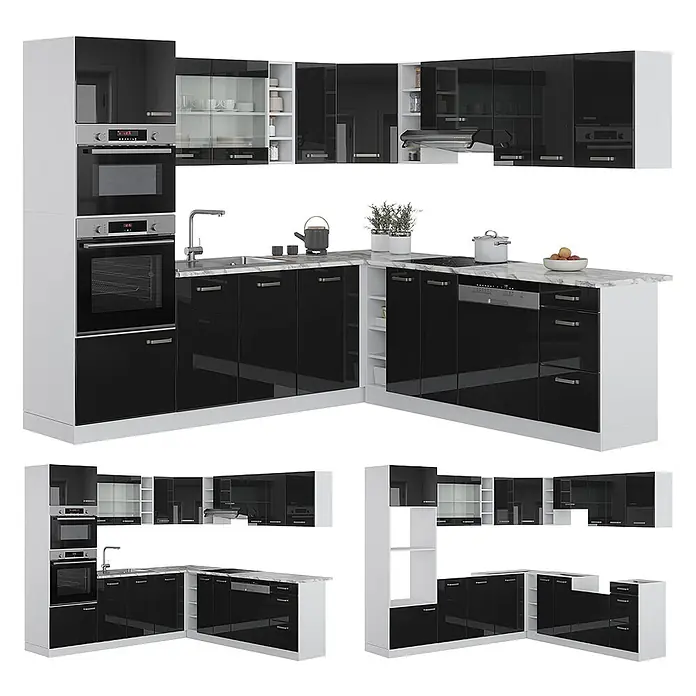 Vicco Eckküche R-Line Schwarz Hochglanz/Weiß, AP Marmor - B x T: 247 x 60 cm, Schwarz Hochglanz, Ohne Elektrogeräte - L-förmige moderne Küche mit glänzend schwarzen Schränken, weißen Akzenten, Marmor-Arbeitsplatte und integrierten Geräten.