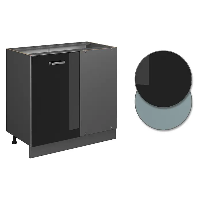 Vicco Eckunterschrank R-Line, Schwarz Hochglanz, 86 cm -  - Dunkelgrauer Küchenunterschrank mit glänzender schwarzer Tür und silbernem Griff.