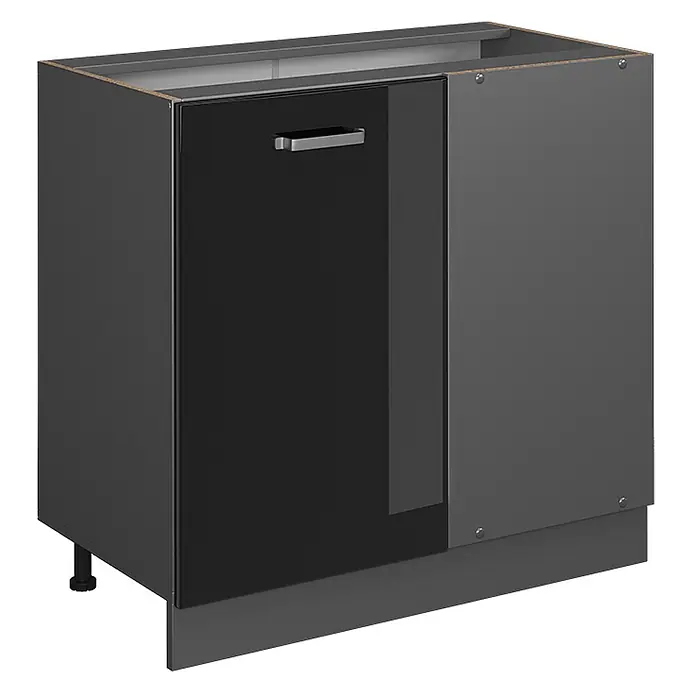Vicco Eckunterschrank R-Line, Schwarz Hochglanz, 86 cm -  - Dunkelgrauer Küchenunterschrank mit schwarzer Tür und silbernem Griff, mit verstellbaren Füßen.