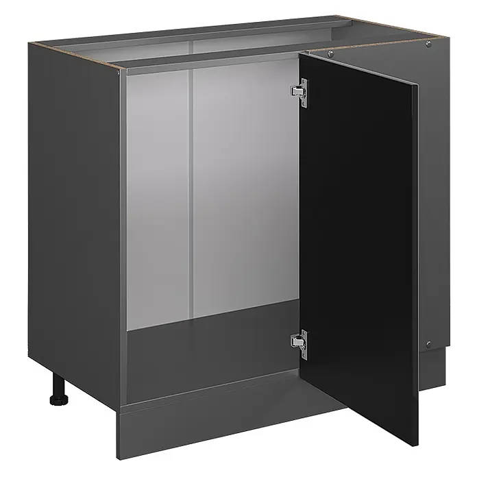 Vicco Eckunterschrank R-Line, Schwarz Hochglanz, 86 cm -  - Anthrazitfarbener Küchenunterschrank mit geöffneter Tür, der das Innere zeigt. Mit verstellbaren Füßen.