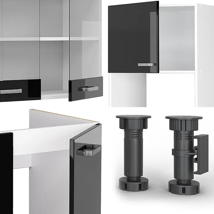 Vicco Eckküche R-Line Schwarz Hochglanz/Weiß, AP Marmor - B x T: 247 x 60 cm, Schwarz Hochglanz, Ohne Elektrogeräte - Modulare Küchen-/Badezimmerschrankelemente in Schwarz, Weiß und Glas, sowie verstellbare dunkelgraue Möbelfüße.