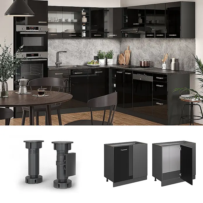 Vicco Eckunterschrank R-Line, Schwarz Hochglanz, 86 cm -  - Moderne L-förmige Küche mit glänzend schwarzen Unter- und Oberschränken, dunkler Arbeitsplatte und integrierten Geräten.