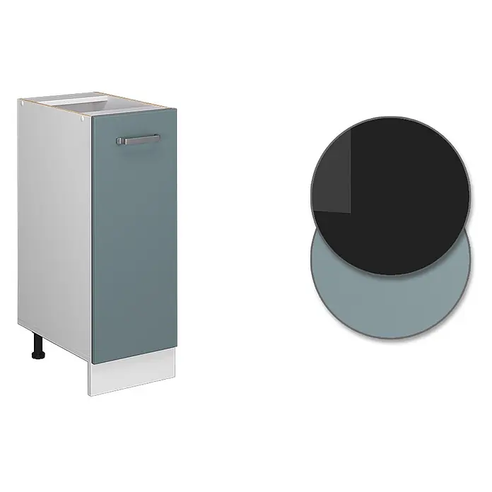 Vicco Schrankküche R-Line Blau-Grau, AP Eiche - Blau-Grau, Apothekerunterschrank 30 cm, AP Eiche - Küchenunterschrank mit hellgrauem Korpus und türkisblauer Tür mit silbernem Griff.