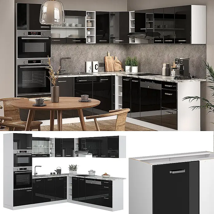 Vicco Eckküche R-Line Schwarz Hochglanz/Weiß, AP Marmor - B x T: 247 x 60 cm, Schwarz Hochglanz, Ohne Elektrogeräte - Moderne L-förmige Küche mit glänzenden schwarzen Schränken, weißen Arbeitsplatten und Einbaugeräten.