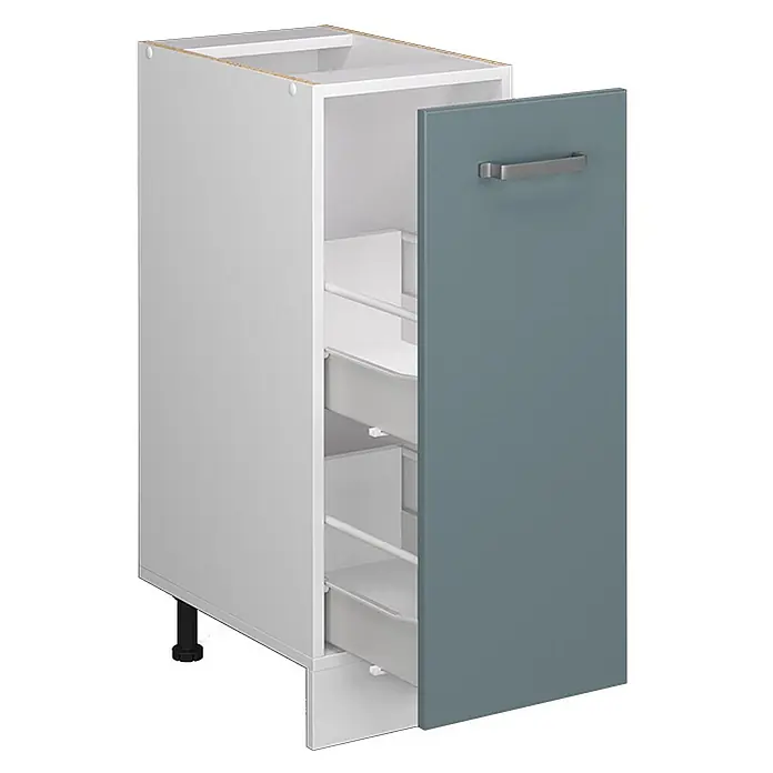 Vicco Schrankküche R-Line Blau-Grau, AP Eiche - Blau-Grau, Apothekerunterschrank 30 cm, AP Eiche - Weißer Unterschrank mit graublauer Tür, die ausziehbare Innenschubladen zeigt.