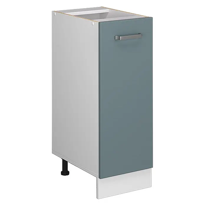 Vicco Schrankküche R-Line Blau-Grau ohne Arbeitsplatte - Blau-Grau, Apothekerunterschrank 30 cm - Heller grauer Küchenunterschrank mit petrolfarbener Tür, silbernem Griff und verstellbarem schwarzen Bein. Mit weißem Sockel.