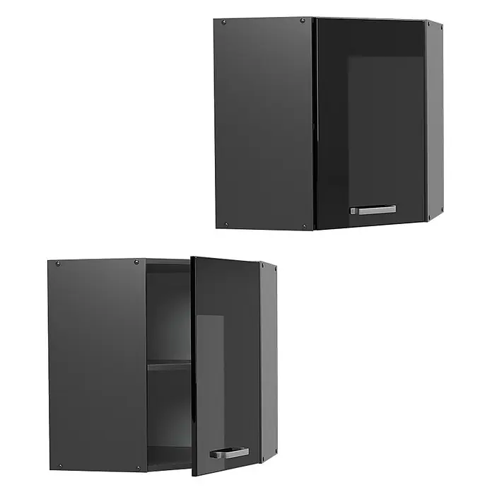 Vicco Eckhängeschrank R-Line, Schwarz Hochglanz, 57 cm -  - Zwei Ansichten eines schwarzen, glänzenden Eckhängeschranks, geschlossen und offen mit einem Fach.