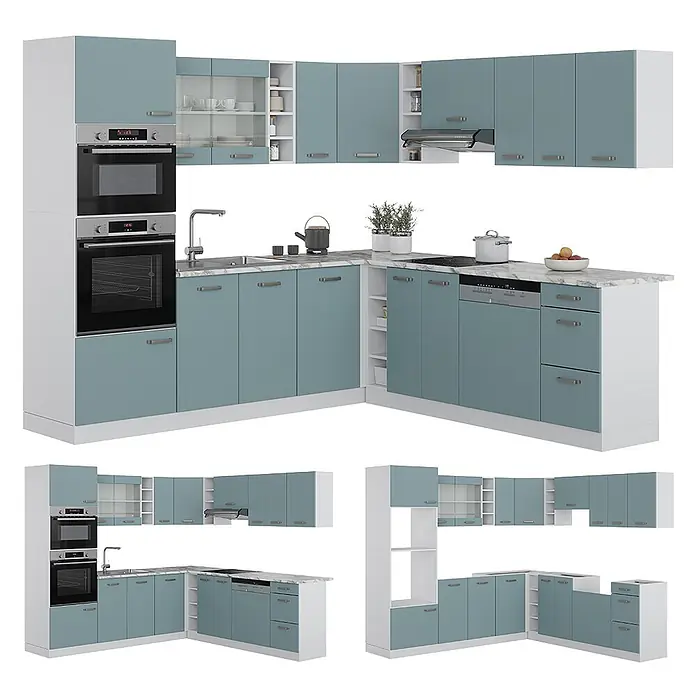 Vicco Eckküche R-Line Blau-Grau, AP Marmor - B x T: 247 x 60 cm, Blau-Grau, Ohne Elektrogeräte - L-förmige moderne Küche mit hellblauen Schränken, weißen Rahmen und Marmor-Arbeitsplatten, inklusive integrierter Geräte wie Öfen, Spüle, Kochfeld und Geschirrspüler.