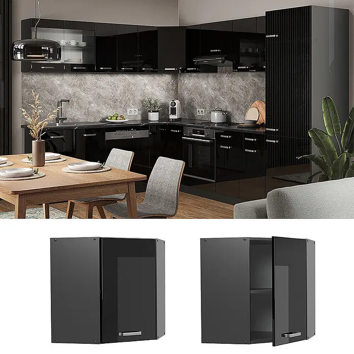Vicco Eckhängeschrank R-Line, Schwarz Hochglanz, 57 cm -  - Moderne schwarze Hochglanzküche mit integrierten Geräten, mit eleganten Unter- und Oberschränken, inklusive Eckschrank.