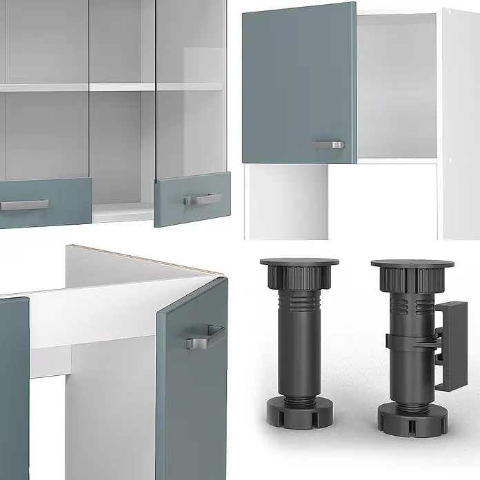 Vicco Eckküche R-Line Blau-Grau, AP Marmor - B x T: 247 x 60 cm, Blau-Grau, Ohne Elektrogeräte - Blaue-graue Schranktüren mit silbernen Griffen und schwarzen, verstellbaren Möbelfüßen.