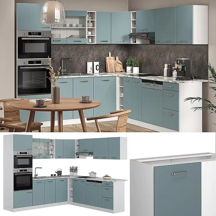 Vicco Eckküche R-Line Blau-Grau, AP Marmor - B x T: 247 x 60 cm, Blau-Grau, Ohne Elektrogeräte - Moderne staubblaue Eckküche mit weißen Arbeitsplatten, integrierten Öfen und Geschirrspüler in einem zeitgenössischen Zuhause.