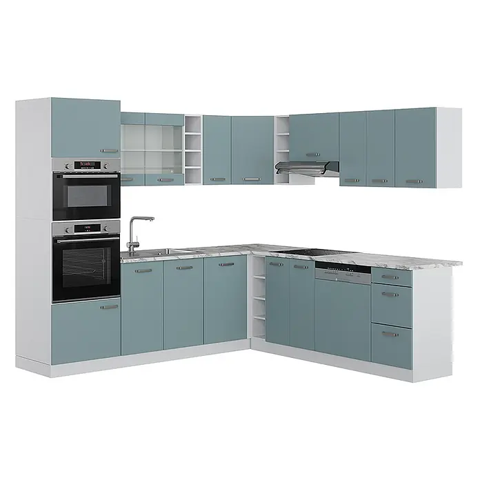 Vicco Eckküche R-Line Blau-Grau, AP Marmor - B x T: 247 x 60 cm, Blau-Grau, Ohne Elektrogeräte - Moderne L-Küche mit hellblauen Schränken, weißen Rahmen, Marmor-Arbeitsplatte, integrierten Öfen, Spüle, Kochfeld und Geschirrspüler.