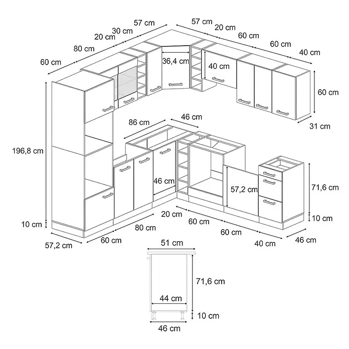 Vicco Eckküche R-Line Blau-Grau/Weiß, AP Anthrazit - B x T: 247 x 60 cm, Blau-Grau, Ohne Elektrogeräte - Detaillierte technische Zeichnung eines modularen U-förmigen Küchenschranksystems mit verschiedenen Unter-, Ober- und Hochschränken, inklusive Maßen.