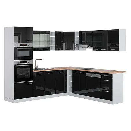 Vicco  Eckküche R-Line Schwarz Hochglanz/Weiß, AP Eiche