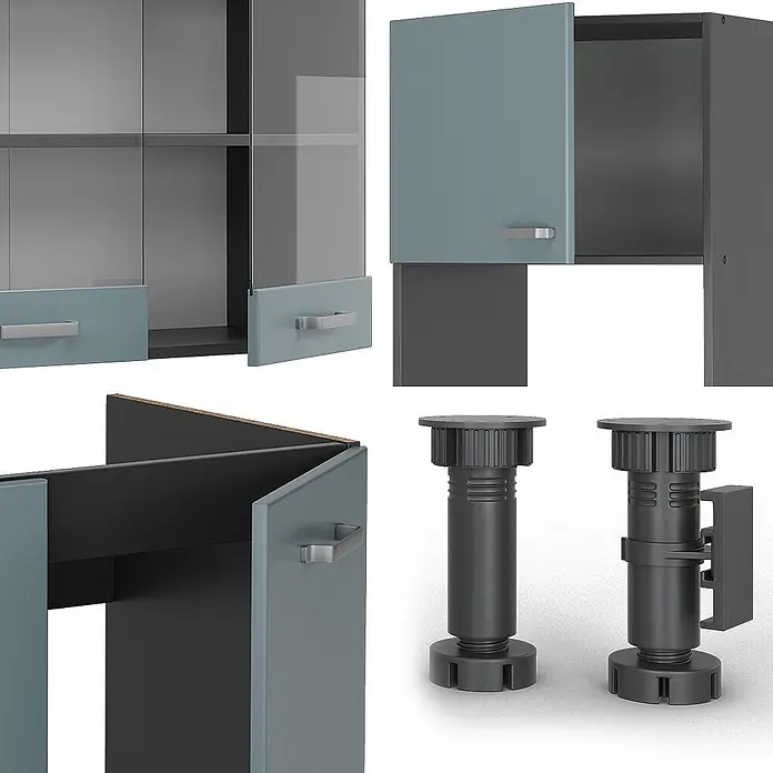 Vicco Eckküche R-Line Blau-Grau/Anthrazit, AP Anthrazit - B x T: 247 x 60 cm, Blau-Grau, Ohne Elektrogeräte - Modulare Möbelkomponenten: blaugraue Schrankelemente mit silbernen Griffen und dunkelgrauen verstellbaren Füßen.