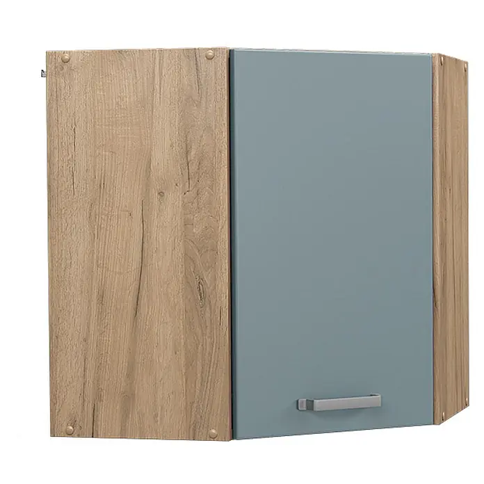 Vicco Schrankküche R-Line Blau-Grau - Blau-Grau, Eckhängeschrank 57 cm - Eckhängeschrank mit hellem Holzmaserungrahmen und blaugrauer Tür mit silbernem Griff.