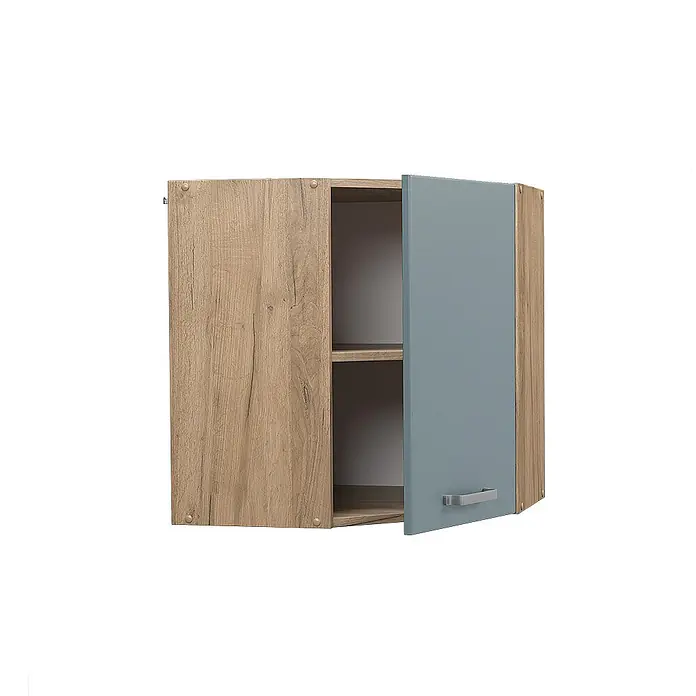 Vicco Schrankküche R-Line Blau-Grau - Blau-Grau, Eckhängeschrank 57 cm - Wandschrank mit Holzoptik-Seiten, blaugrauer Tür und zwei Innenböden.