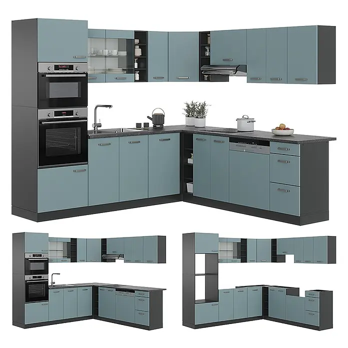 Vicco Eckküche R-Line Blau-Grau/Anthrazit, AP Anthrazit - B x T: 247 x 60 cm, Blau-Grau, Ohne Elektrogeräte - Moderne L-förmige Küche mit blau-grauen Schränken, dunkelgrauen Rahmen und Arbeitsplatten, integrierten Öfen, Spüle und Geschirrspüler.