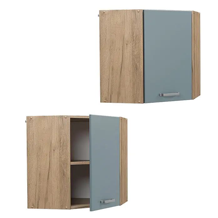 Vicco Schrankküche R-Line Blau-Grau - Blau-Grau, Eckhängeschrank 57 cm - Zwei Wandschränke: einer geschlossen, einer offen mit Regalböden. Hellbraune Holzmaserung und blaugraue Türen mit Griffen.