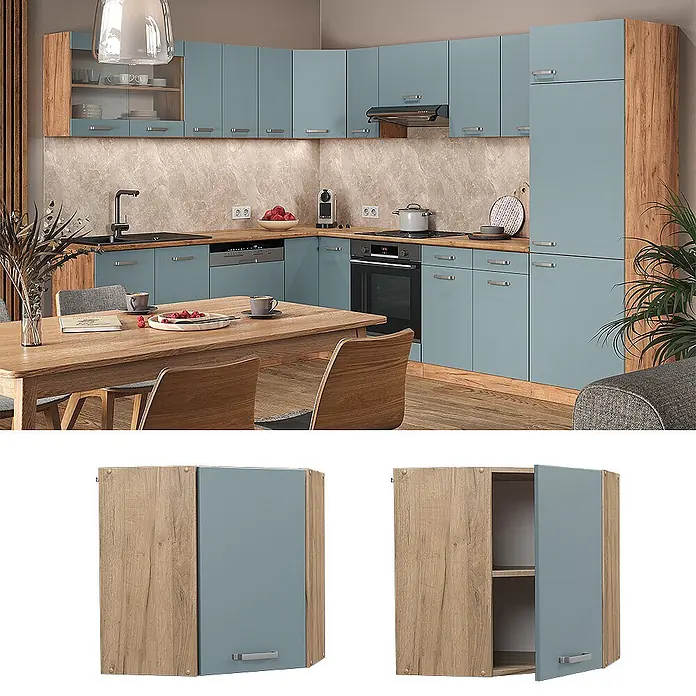 Vicco Schrankküche R-Line Blau-Grau - Blau-Grau, Eckhängeschrank 57 cm - L-förmige Küche mit blau-grauen Schranktüren, Holzrahmen, heller Marmor-Arbeitsplatte, integrierten Geräten und Esstisch.