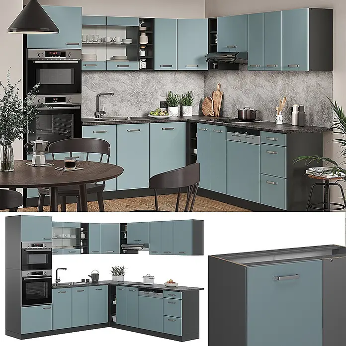 Vicco Eckküche R-Line Blau-Grau/Anthrazit, AP Anthrazit - B x T: 247 x 60 cm, Blau-Grau, Ohne Elektrogeräte - Moderne L-förmige Küche mit hellblauen Schränken und dunkelgrauen Arbeitsplatten, komplett mit integrierten Geräten.