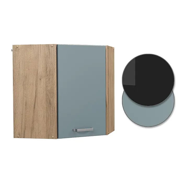 Vicco Schrankküche R-Line Blau-Grau - Blau-Grau, Eckhängeschrank 57 cm - Eck-Wandschrank mit hellen Holzseiten, einer mattblaugrauen Tür und einem silbernen Griff.
